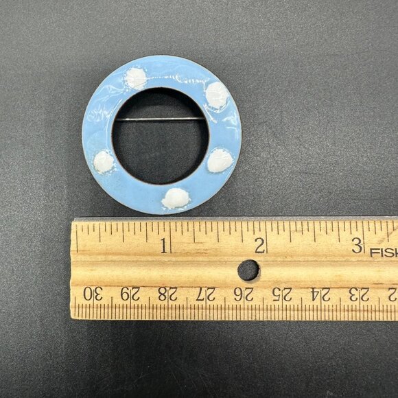 Vintage Round Enamel Brooch Pin Sky Blue White Polka Dot Modern Simple Jewelry - Picture 8 of 8